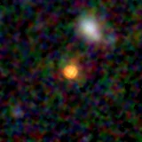 Colour composite: F444W red, F356W green, F277W blue, 3.2 arcsec across, north up