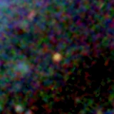 Colour composite: F444W red, F356W green, F277W blue, 3.2 arcsec across, north up