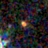 Colour composite: F444W red, F356W green, F277W blue, 3.2 arcsec across, north up