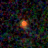 Colour composite: F444W red, F356W green, F277W blue, 3.2 arcsec across, north up