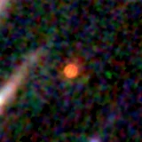 Colour composite: F444W red, F356W green, F277W blue, 3.2 arcsec across, north up
