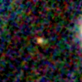 Colour composite: F444W red, F356W green, F277W blue, 3.2 arcsec across, north up