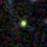 Colour composite: F444W red, F356W green, F277W blue, 3.2 arcsec across, north up