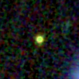 Colour composite: F444W red, F356W green, F277W blue, 3.2 arcsec across, north up