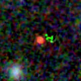 Colour composite: F444W red, F356W green, F277W blue, 3.2 arcsec across, north up