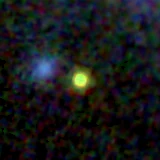 Colour composite: F444W red, F356W green, F277W blue, 3.2 arcsec across, north up