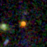 Colour composite: F444W red, F356W green, F277W blue, 3.2 arcsec across, north up