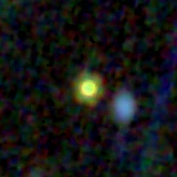 Colour composite: F444W red, F356W green, F277W blue, 3.2 arcsec across, north up
