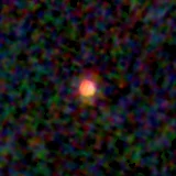 Colour composite: F444W red, F356W green, F277W blue, 3.2 arcsec across, north up