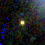 Colour composite: F444W red, F356W green, F277W blue, 3.2 arcsec across, north up