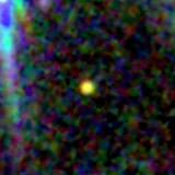 Colour composite: F444W red, F356W green, F277W blue, 3.2 arcsec across, north up