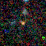 Colour composite: F444W red, F356W green, F277W blue, 3.2 arcsec across, north up