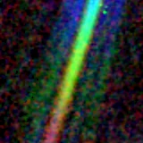 Colour composite: F444W red, F356W green, F277W blue, 3.2 arcsec across, north up