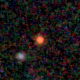 Colour composite: F444W red, F356W green, F277W blue, 3.2 arcsec across, north up