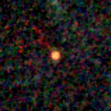 Colour composite: F444W red, F356W green, F277W blue, 3.2 arcsec across, north up