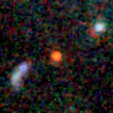 Colour composite: F444W red, F356W green, F277W blue, 3.2 arcsec across, north up
