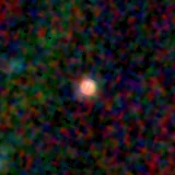 Colour composite: F444W red, F356W green, F277W blue, 3.2 arcsec across, north up