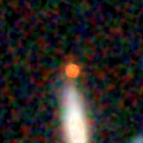Colour composite: F444W red, F356W green, F277W blue, 3.2 arcsec across, north up