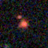 Colour composite: F444W red, F356W green, F277W blue, 3.2 arcsec across, north up