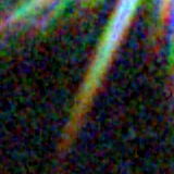 Colour composite: F444W red, F356W green, F277W blue, 3.2 arcsec across, north up
