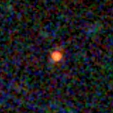 Colour composite: F444W red, F356W green, F277W blue, 3.2 arcsec across, north up