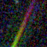Colour composite: F444W red, F356W green, F277W blue, 3.2 arcsec across, north up