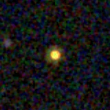 Colour composite: F444W red, F356W green, F277W blue, 3.2 arcsec across, north up