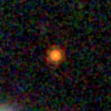Colour composite: F444W red, F356W green, F277W blue, 3.2 arcsec across, north up