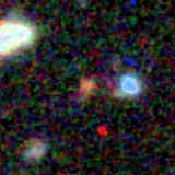 Colour composite: F444W red, F356W green, F277W blue, 3.2 arcsec across, north up