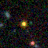 Colour composite: F444W red, F356W green, F277W blue, 3.2 arcsec across, north up