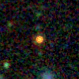 Colour composite: F444W red, F356W green, F277W blue, 3.2 arcsec across, north up