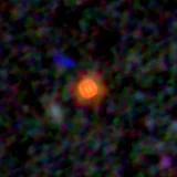 Colour composite: F444W red, F356W green, F277W blue, 3.2 arcsec across, north up