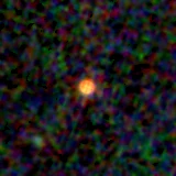 Colour composite: F444W red, F356W green, F277W blue, 3.2 arcsec across, north up