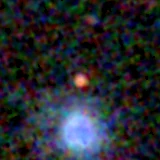 Colour composite: F444W red, F356W green, F277W blue, 3.2 arcsec across, north up
