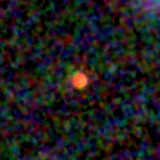 Colour composite: F444W red, F356W green, F277W blue, 3.2 arcsec across, north up