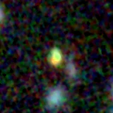 Colour composite: F444W red, F356W green, F277W blue, 3.2 arcsec across, north up