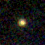 Colour composite: F444W red, F356W green, F277W blue, 3.2 arcsec across, north up