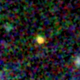 Colour composite: F444W red, F356W green, F277W blue, 3.2 arcsec across, north up