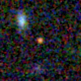 Colour composite: F444W red, F356W green, F277W blue, 3.2 arcsec across, north up